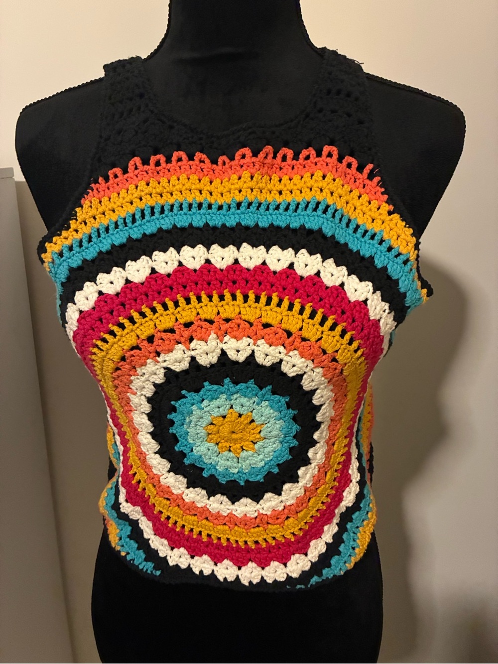 Handmade Multicolor Crochet Tank Top - Bright Rainbow Pattern